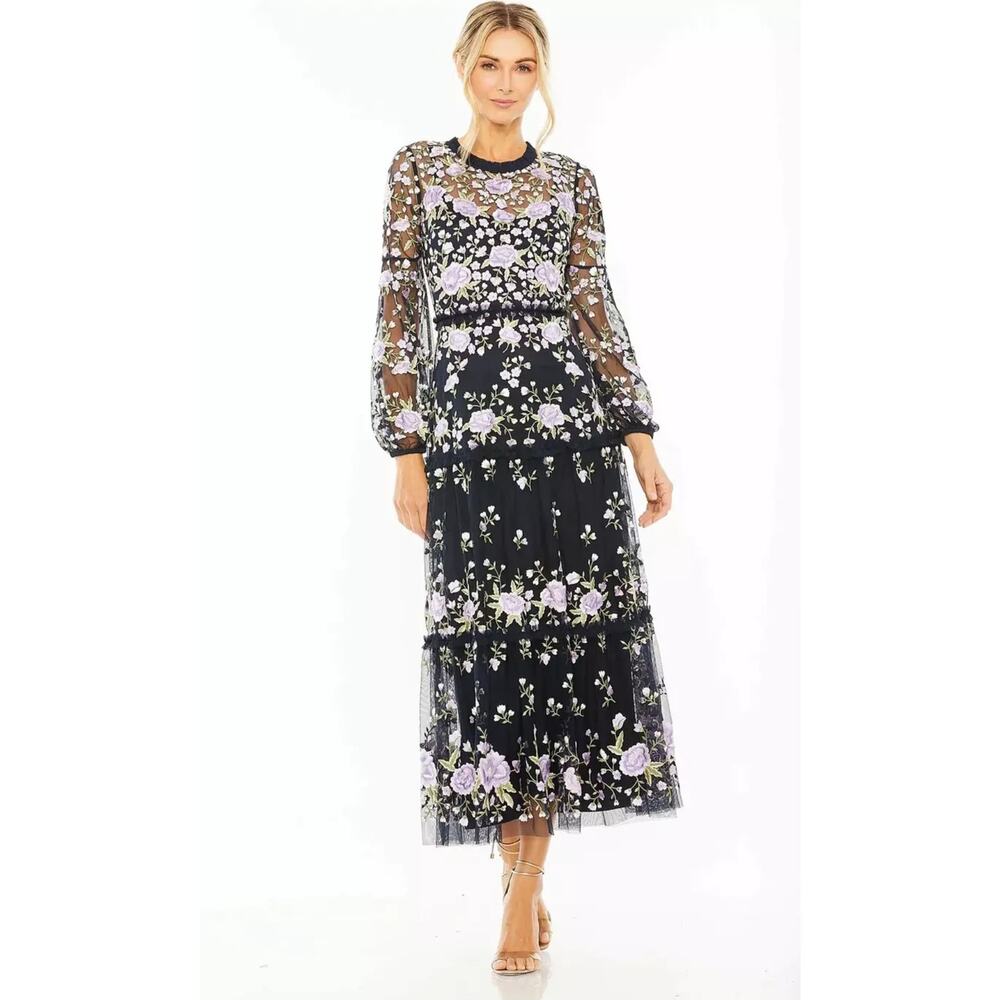 Mac Duggal navy, floral embroidered, tiered long sleeve gown size 16, reposhed
